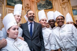 Echange en janvier 2020 entre les apprentis de l’Ecole de Paris des Métiers de la Table et Edouard Philippe, Premier ministre, à l’occasion des traditionnels vœux des boulangers du Grand Paris.