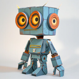petit robot bleu aspect papercraft généré par Midjourney